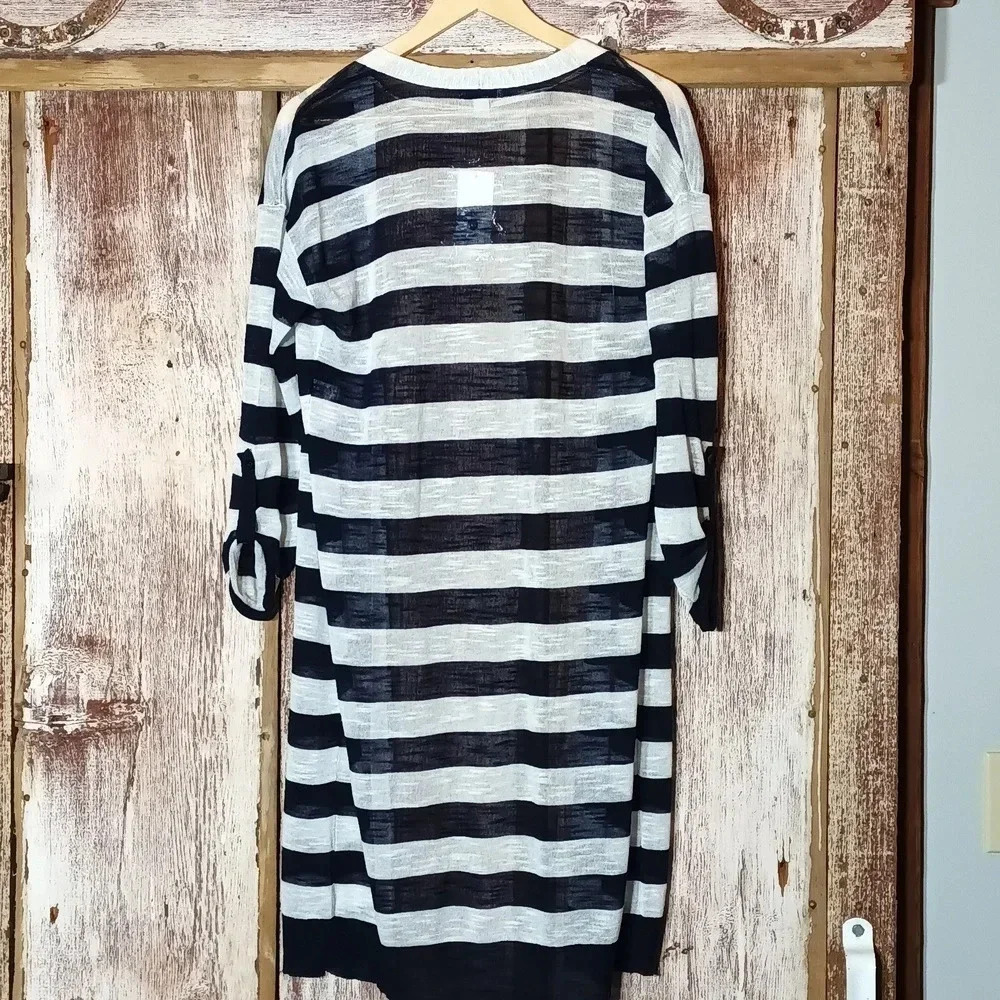 Sheer Navy White Striped Cardigan 3/4 Sleeves Coastal Capsule Nautical M - Picture 3 of 11
